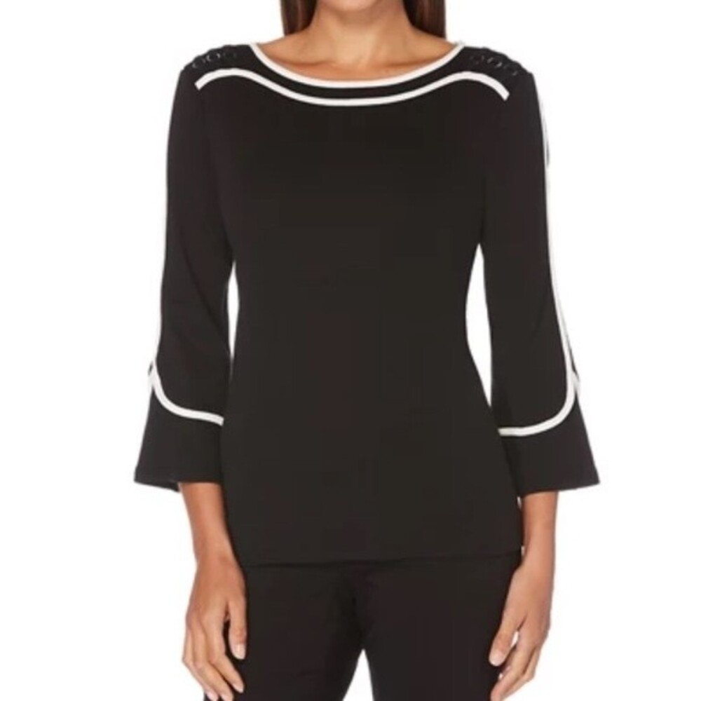 Rafaella Women's 3/4 Flounce Sleeve Top with Contrast Tipping LP